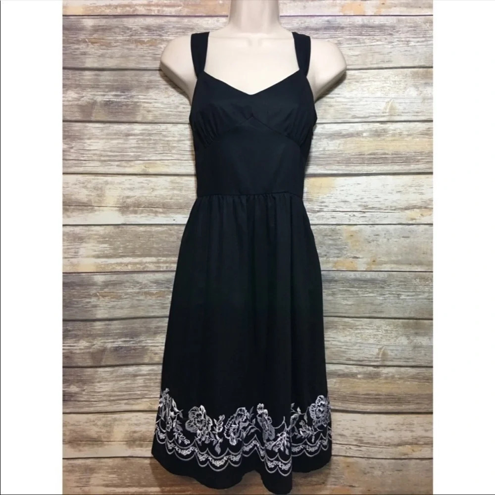 LOFT Black Cotton Embroidered Dress Sundress 4P